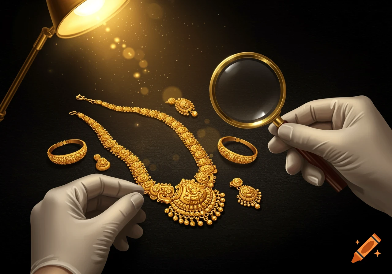 Hands in white gloves examining traditional South Indian gold jewelry with a magnifying glass under a golden lamp.