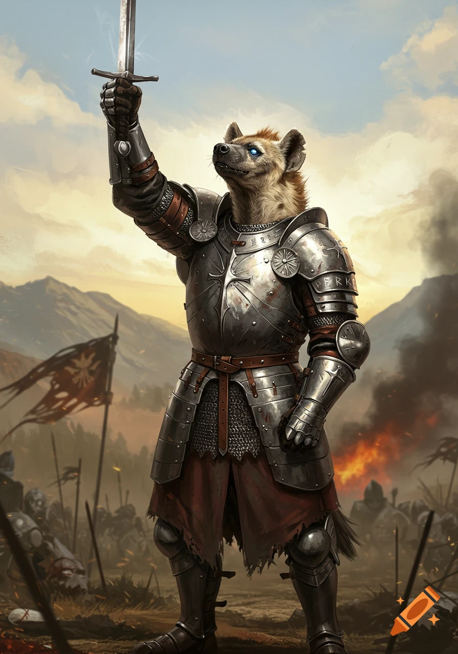 A proud hyena knight in dented silver armor with glowing blue eyes raises a sword to the sky over a battlefield.