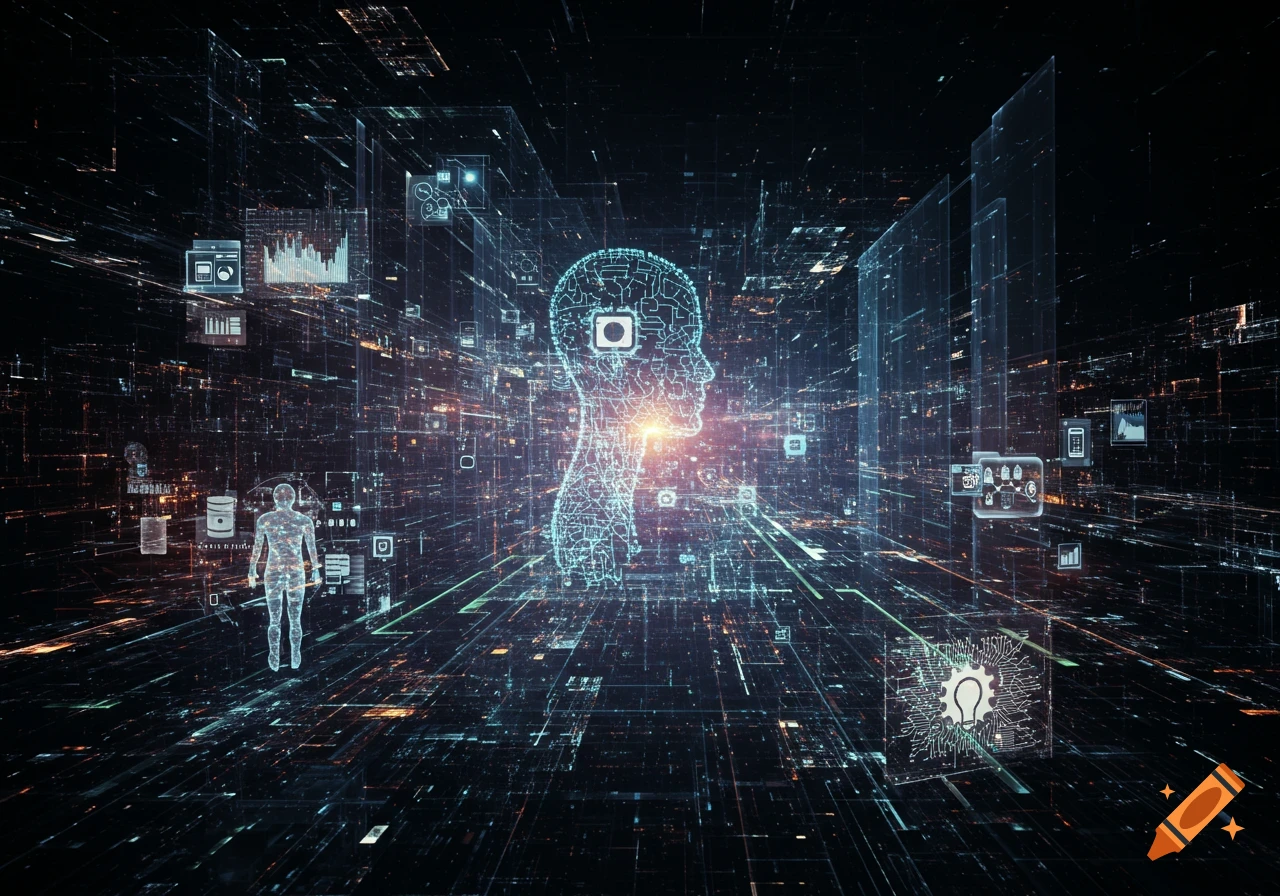 A glowing wireframe human head and body in a futuristic digital space with data streams and abstract screens.