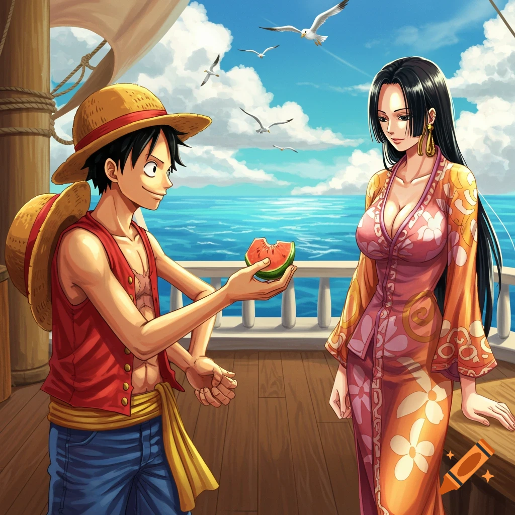 Luffy holds a watermelon slice to Hancock on a ship deck with seagulls and ocean in a vibrant anime style.