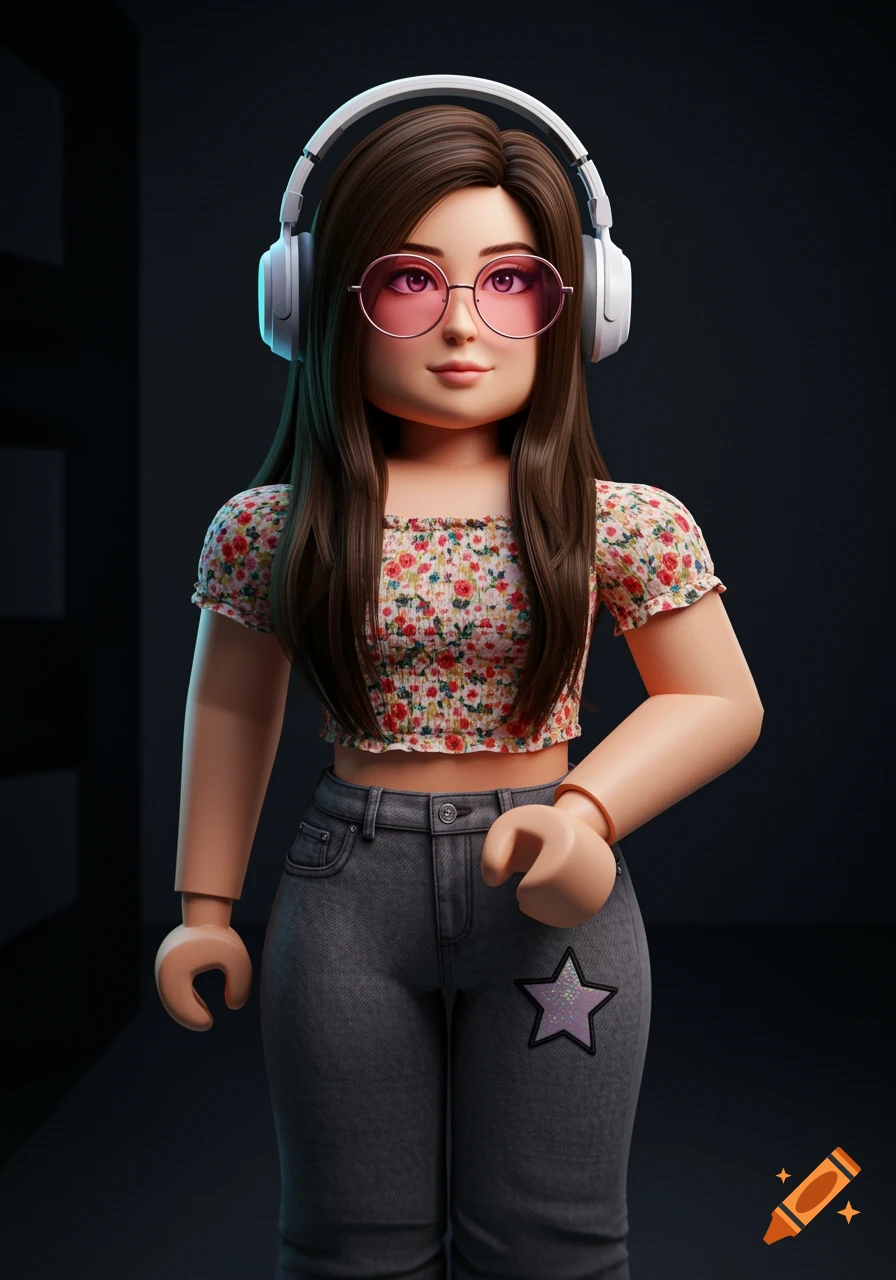 A realistic 3D rendered Roblox avatar of a girl with long brown hair, white headphones, pink glasses, a floral crop top, and gray jeans with a star patch.