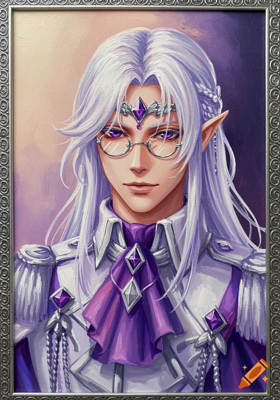 An impressionist oil painting of an anime man with long white hair, purple eyes, spectacles, tiara, and a white and purple military coat, framed in silver.