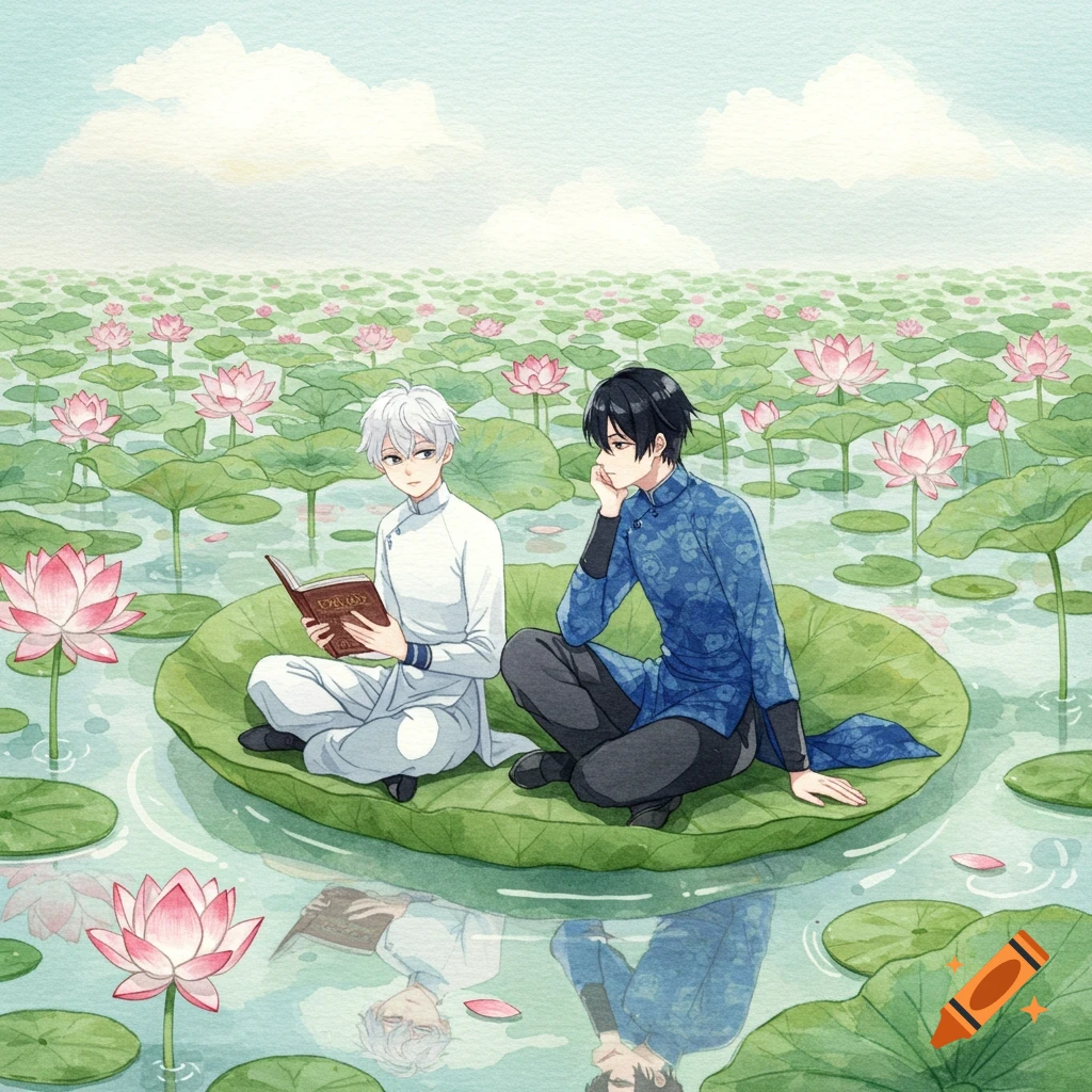 Two anime boys, one reading a book, sit on a large lotus leaf in a watercolor lotus pond.