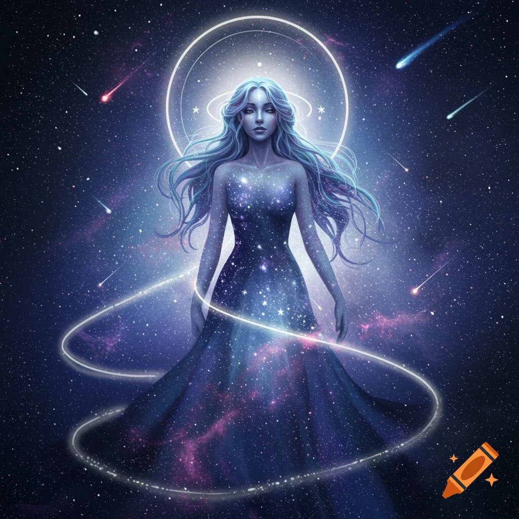 An ethereal woman with flowing light blue hair and a halo, adorned in a starry gown, stands in a cosmic expanse with shooting stars. Digital art.