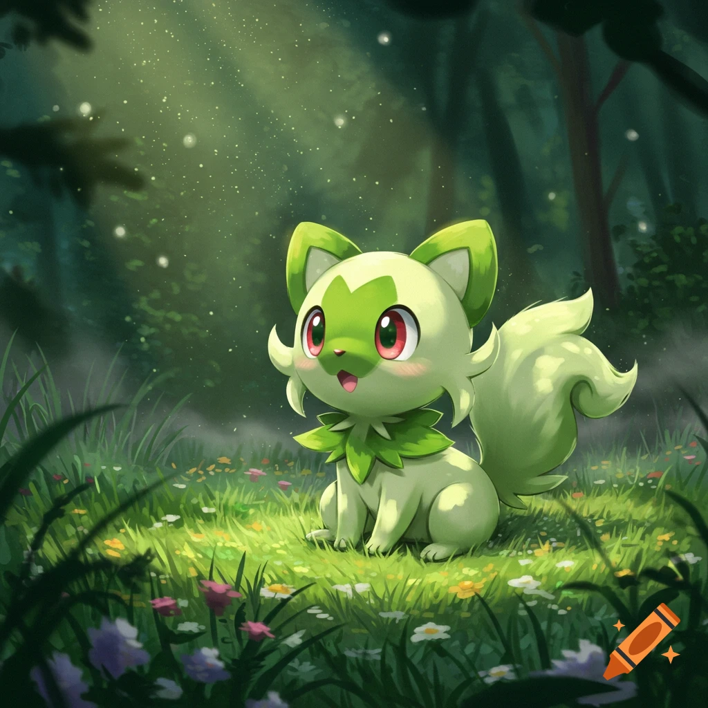 A cute, green, cat-like Sprigatito with large red eyes sits in a lush, sun-dappled forest with glowing particles.