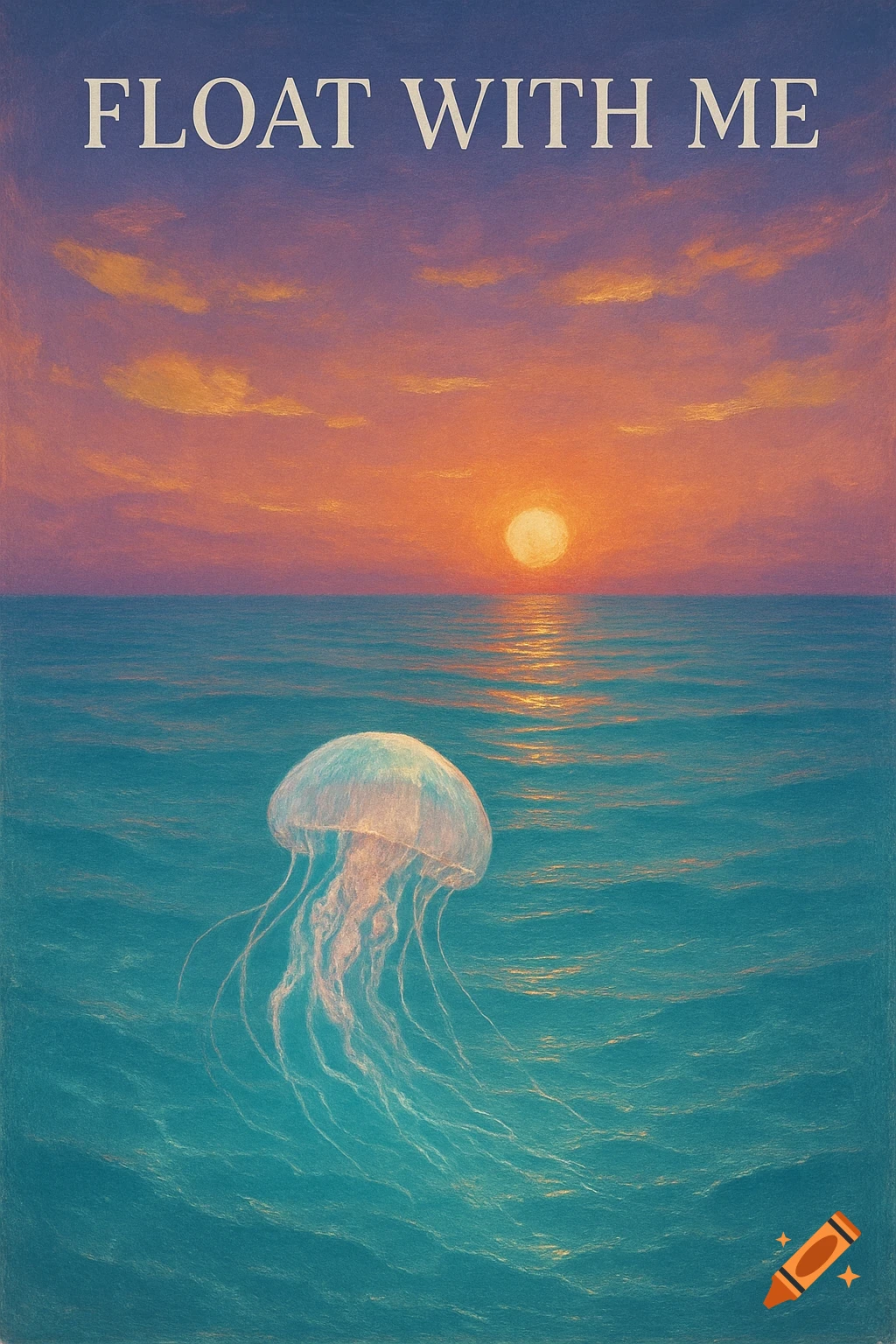 A translucent jellyfish floats in a teal ocean under a vivid orange sunset with the words 'FLOAT WITH ME' at the top.