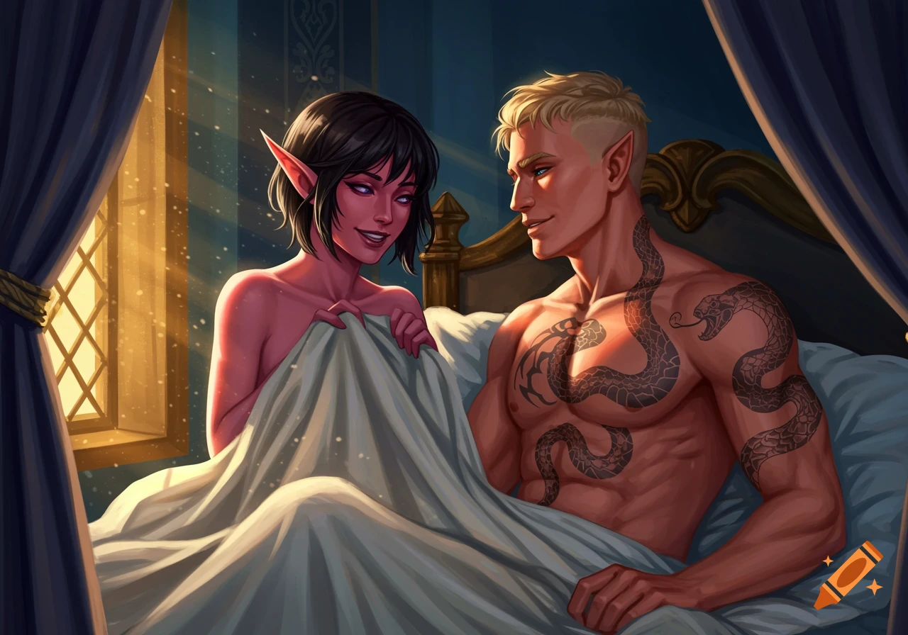 A red-skinned elf woman and a blond man with snake tattoos lie in bed, gazing at each other.