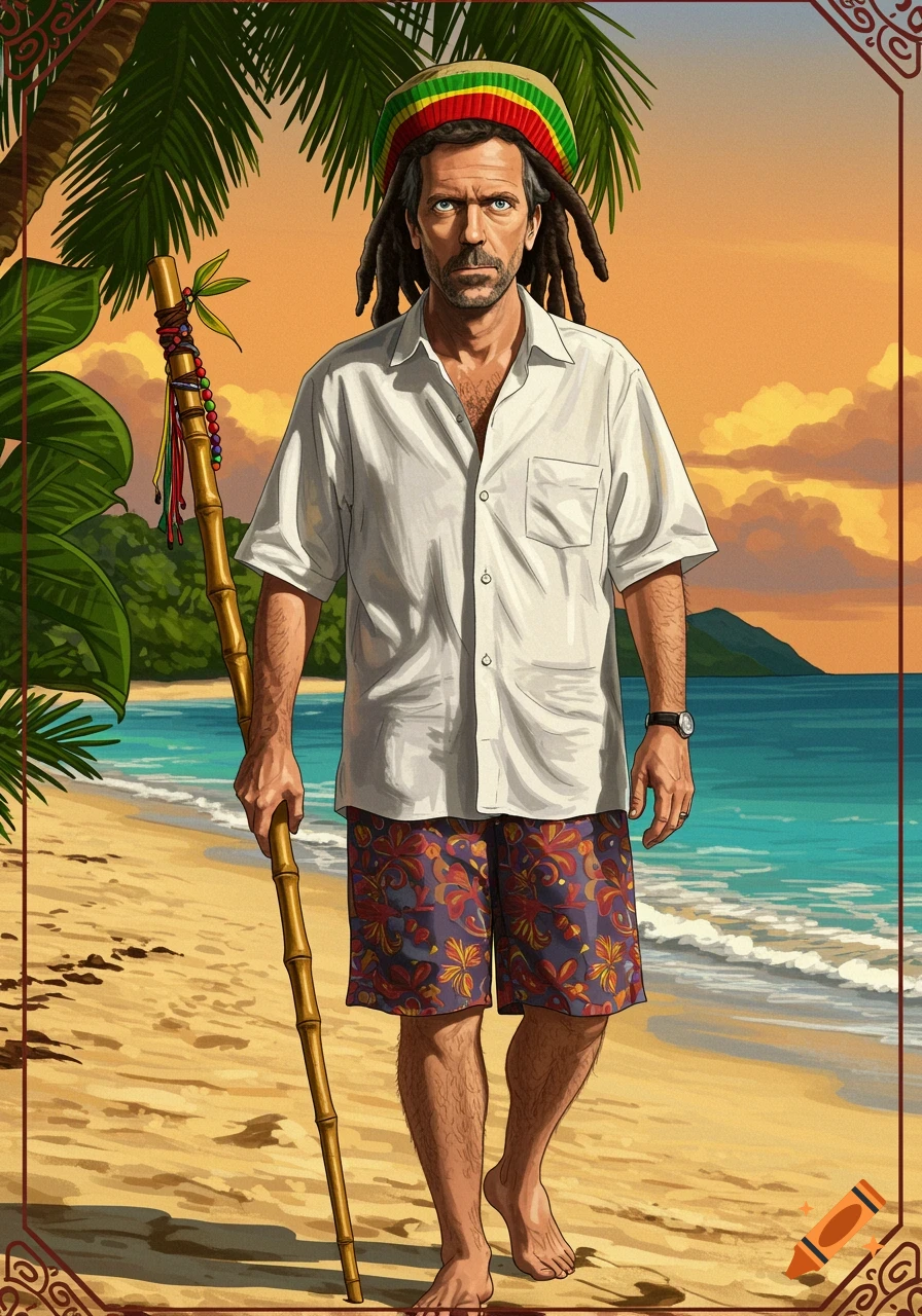 Illustrated man resembling Hugh Laurie with dreadlocks and a Rasta hat, holding a staff on a tropical beach.