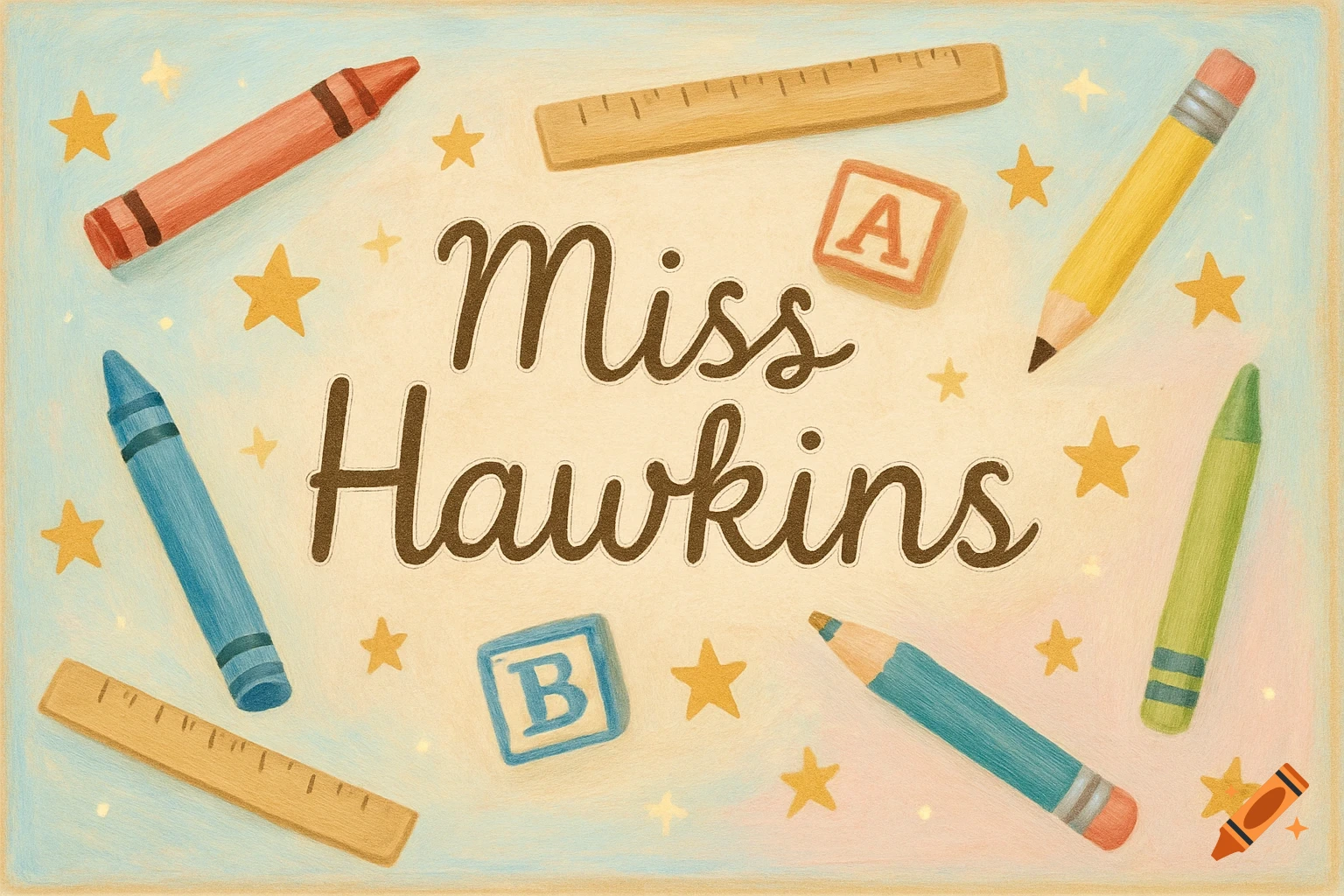 A painted sign with "Miss Hawkins" surrounded by crayons, pencils, rulers, and ABC blocks, against a light-colored background with stars.