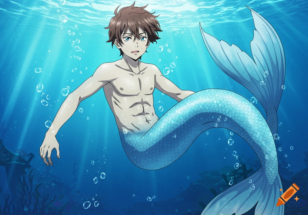 Anime-style male merman with brown hair and blue eyes, swimming gracefully underwater with a blue scales-detailed tail, surrounded by bubbles and light rays.
