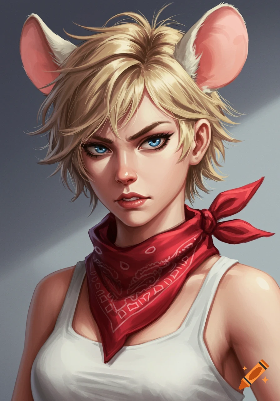 Portrait of an anime woman with blonde hair, blue eyes, mouse ears, and a red bandana, wearing a white tank top.