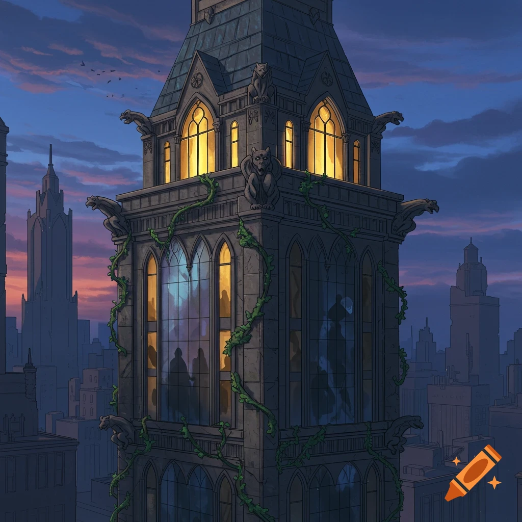 A tall, gothic-style tower with gargoyles and ivy, its windows glowing at dusk, overlooking a city skyline in a fantasy art style.