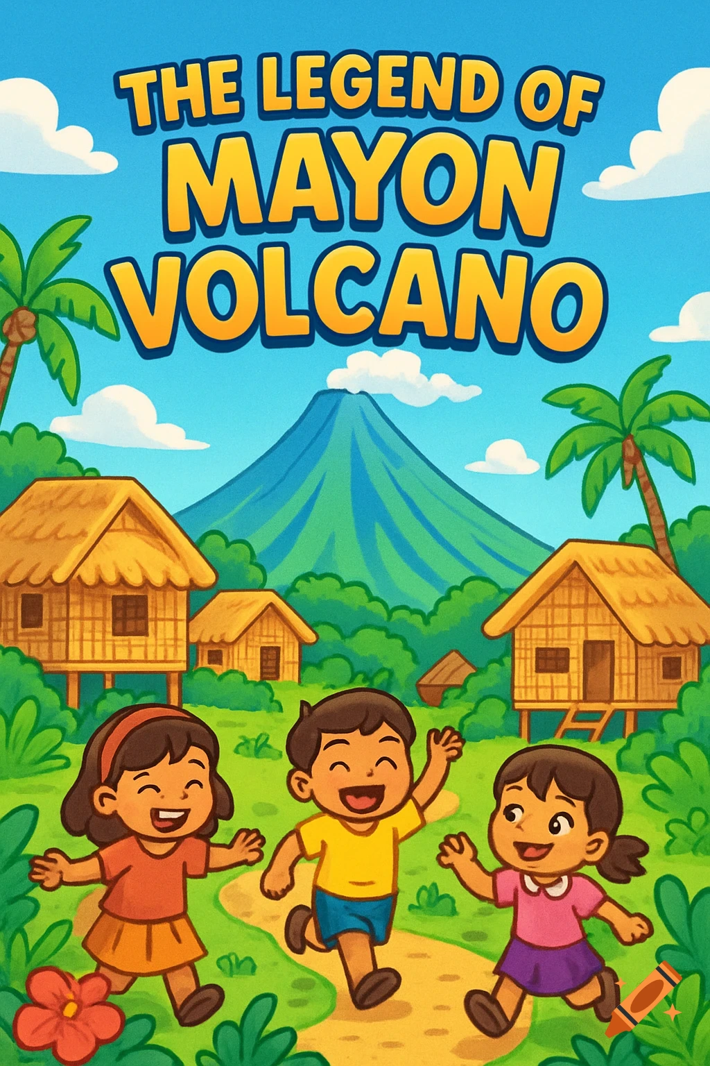 A colorful cartoon illustration depicting three happy children running on a path in a peaceful village with traditional houses and palm trees, beneath a majestic volcano. The title "The Legend of Mayon Volcano" is prominently displayed at the top.
