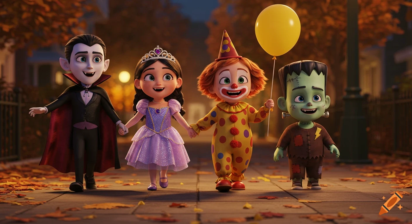 Four happy children in Pixar style Halloween costumes walk hand-in-hand on an autumn sidewalk.