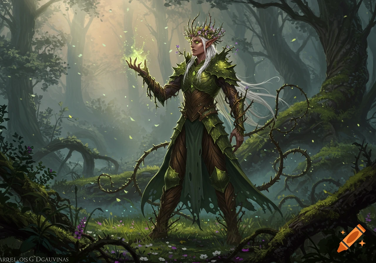 A majestic elven lord with intricate bark armor stands amidst a misty forest, conjuring glowing green magic.