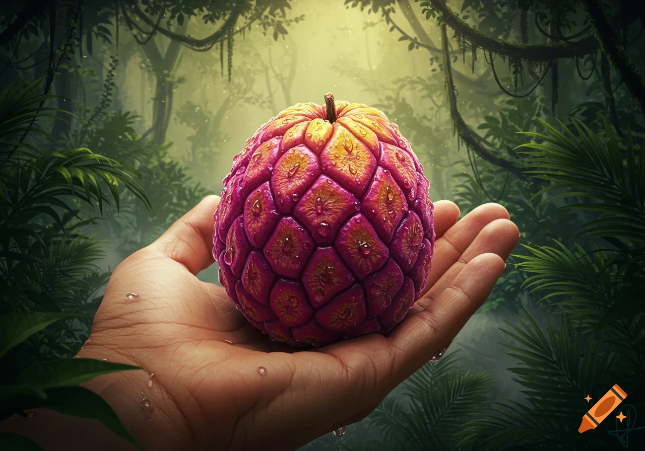 A hand gently holds a vibrant pink and orange spiky, exotic fruit in a lush jungle setting.