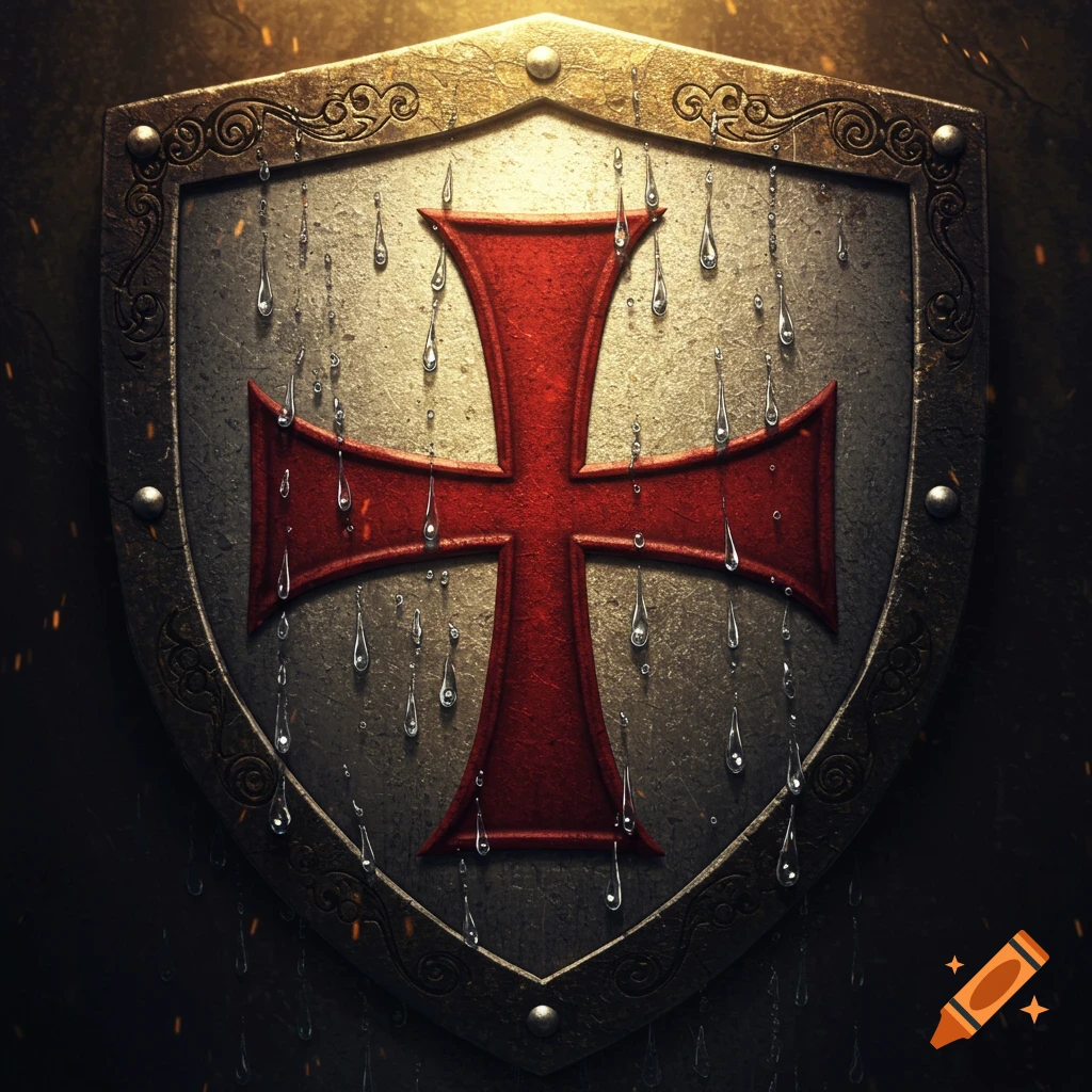 A close-up of a templar crusader shield, made of metal with a red cross emblem, covered in glistening raindrops.