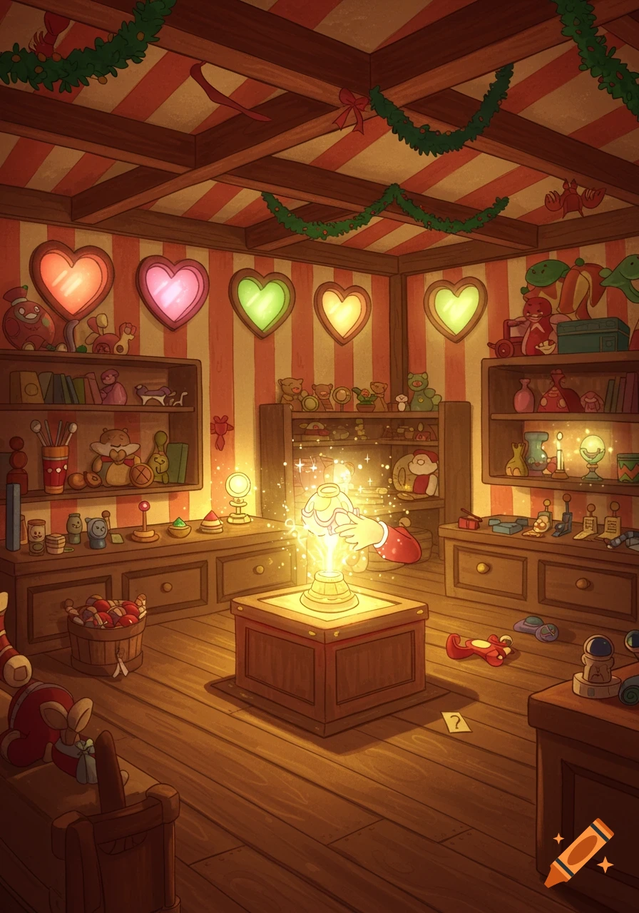 A whimsical, cozy magical workshop room decorated for Christmas with red and white striped walls, heart-shaped windows, and garland. A hand is placing a glowing magical item onto a pedestal, surrounded by sparkling light.