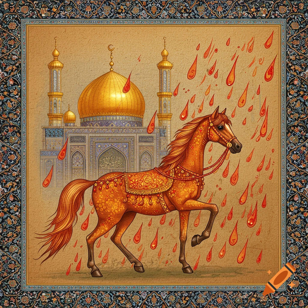 A stylized Persian miniature depicts an ornate horse under falling red teardrops, with a golden-domed mosque in the background, all framed by an intricate arabesque border.