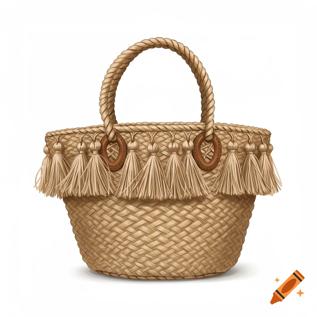 Illustrated straw basket bag with a rope handle and decorative beige tassels, on a white background.