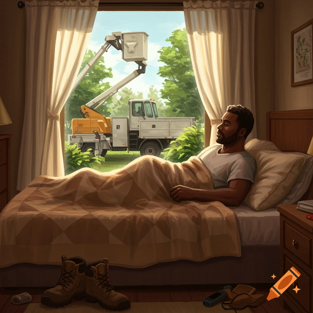 A man rests in bed, looking out the window at his bucket truck parked outside on a sunny day.