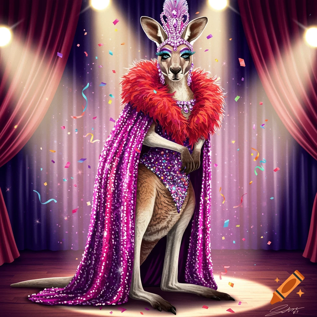 A kangaroo dressed in a vibrant purple sequined gown, a large red feathered boa, and an elaborate jeweled crown, standing on a spotlighted stage with colorful confetti falling.