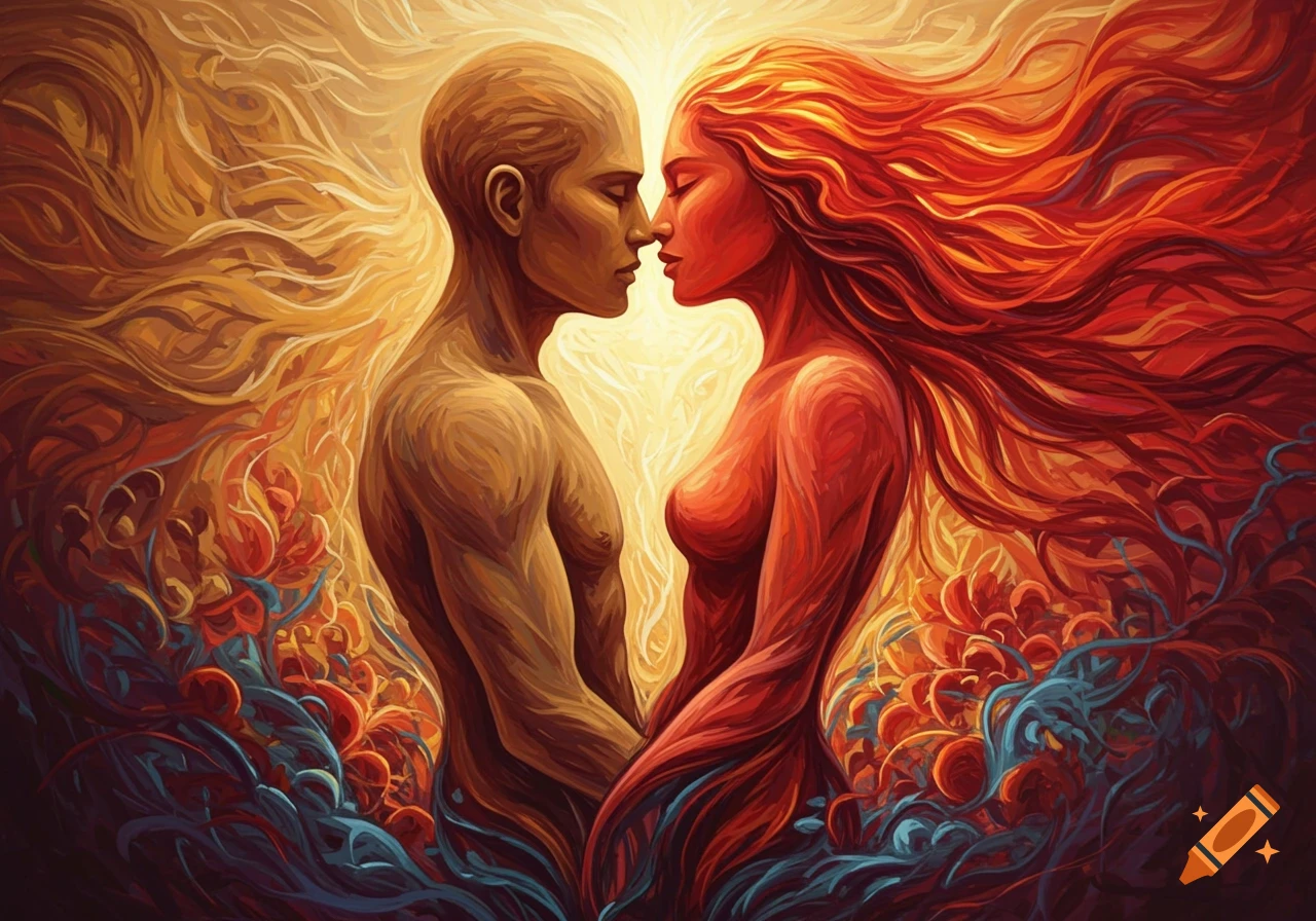 Abstract painting of a man in earthy tones and a woman in fiery reds embracing, their forms dissolving into swirling colors.