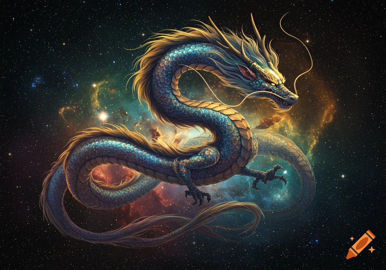 A detailed cosmic dragon with blue and gold scales, long flowing hair, flying through a starry nebula in space.