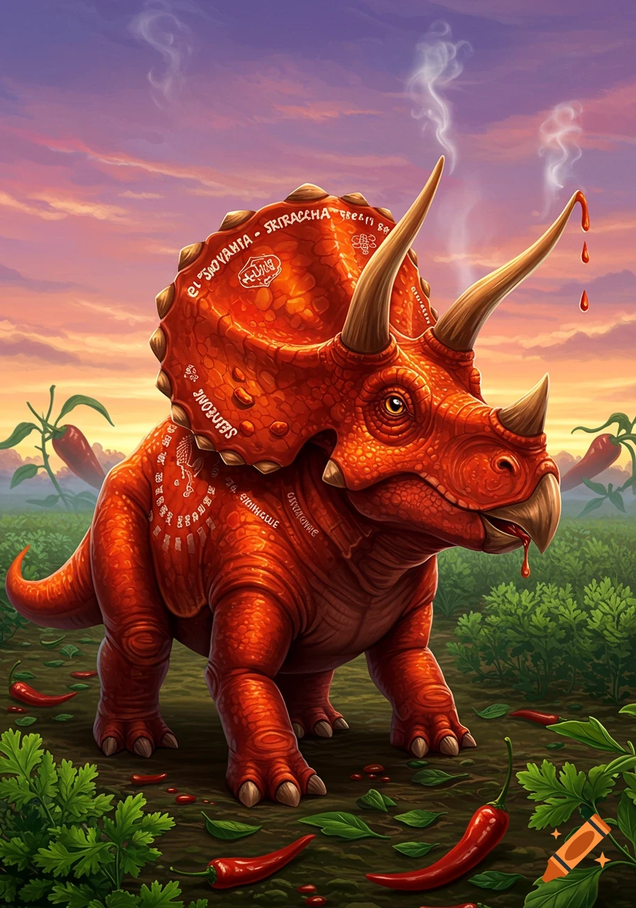 A vibrant red triceratops resembling a sriracha bottle, with steam and chili sauce drips, stands in a field of chili peppers under a sunset sky.
