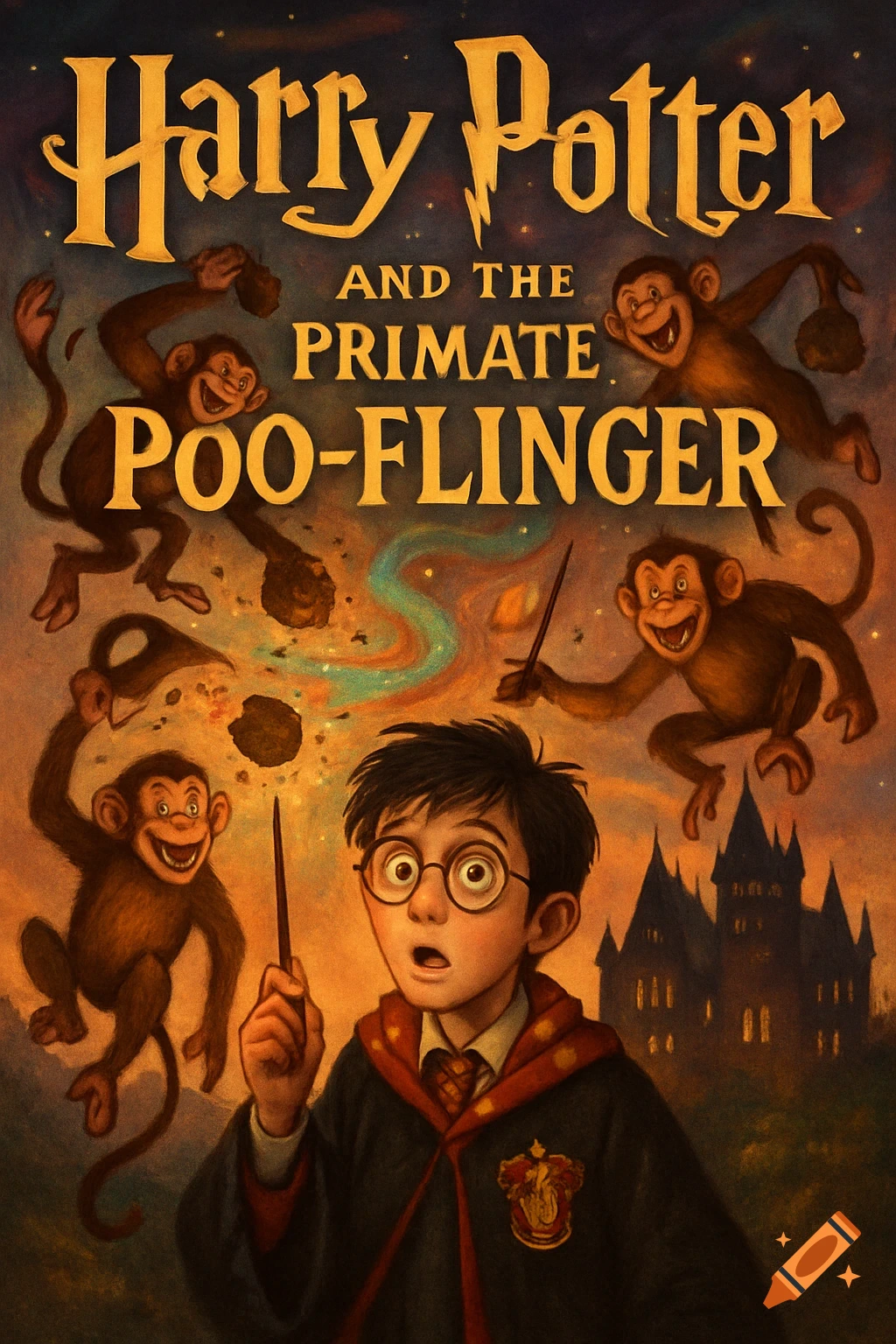 Illustrated book cover showing Harry Potter looking surprised as monkeys fling objects, with a castle in the background.