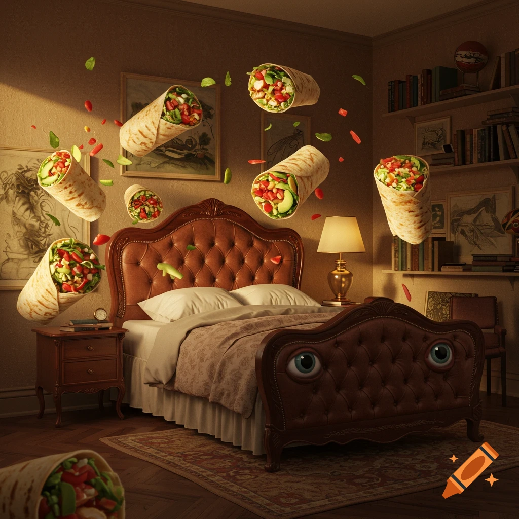 Photorealistic image of a brown leather bed with large eyes, surrounded by flying burritos and ingredients in a softly lit bedroom.