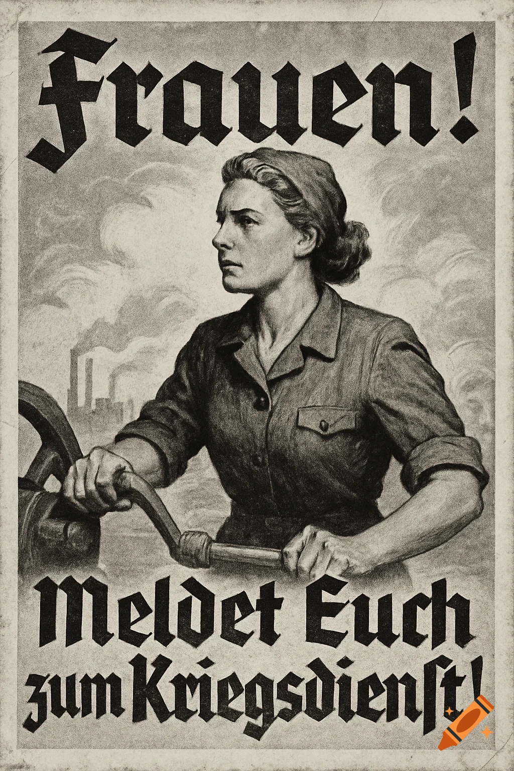 A black and white vintage propaganda poster of a determined woman in work clothes, operating machinery. German text reads 'Frauen! Meldet Euch zum Kriegsdienst!'