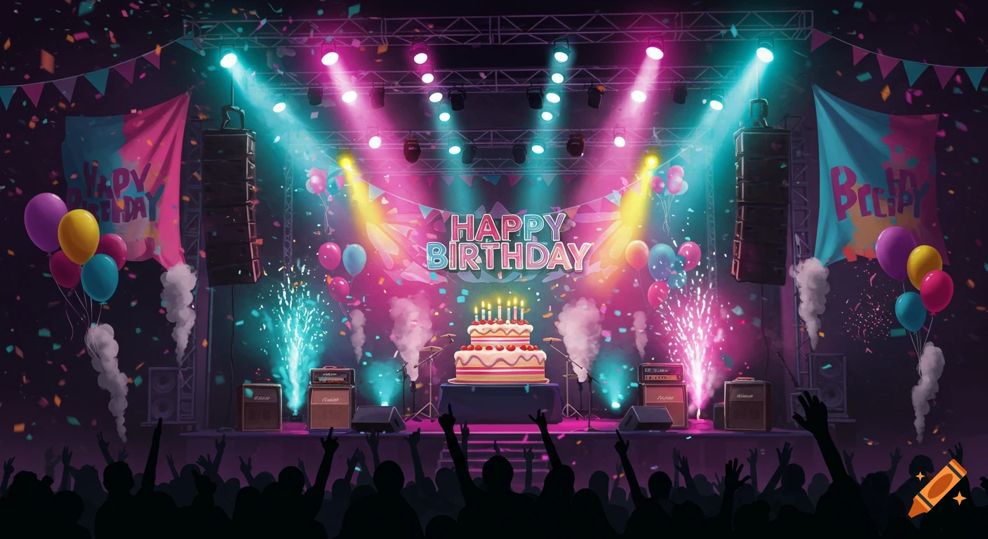 A vibrant cartoon-style rock concert stage with "HAPPY BIRTHDAY" banner, a birthday cake, pyrotechnics, and cheering crowd silhouettes.