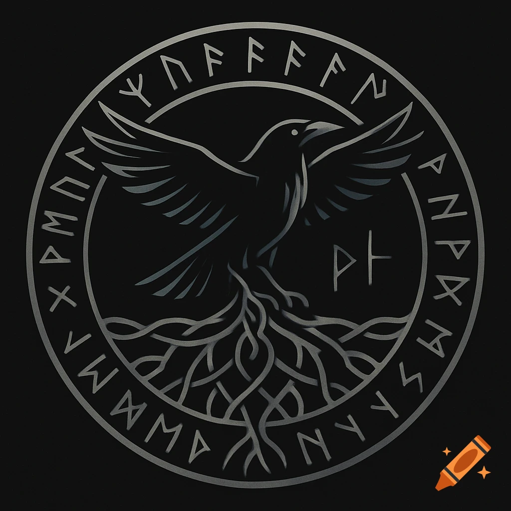 A dark circular logo featuring a stylized raven with tree roots as legs, surrounded by ancient runes.