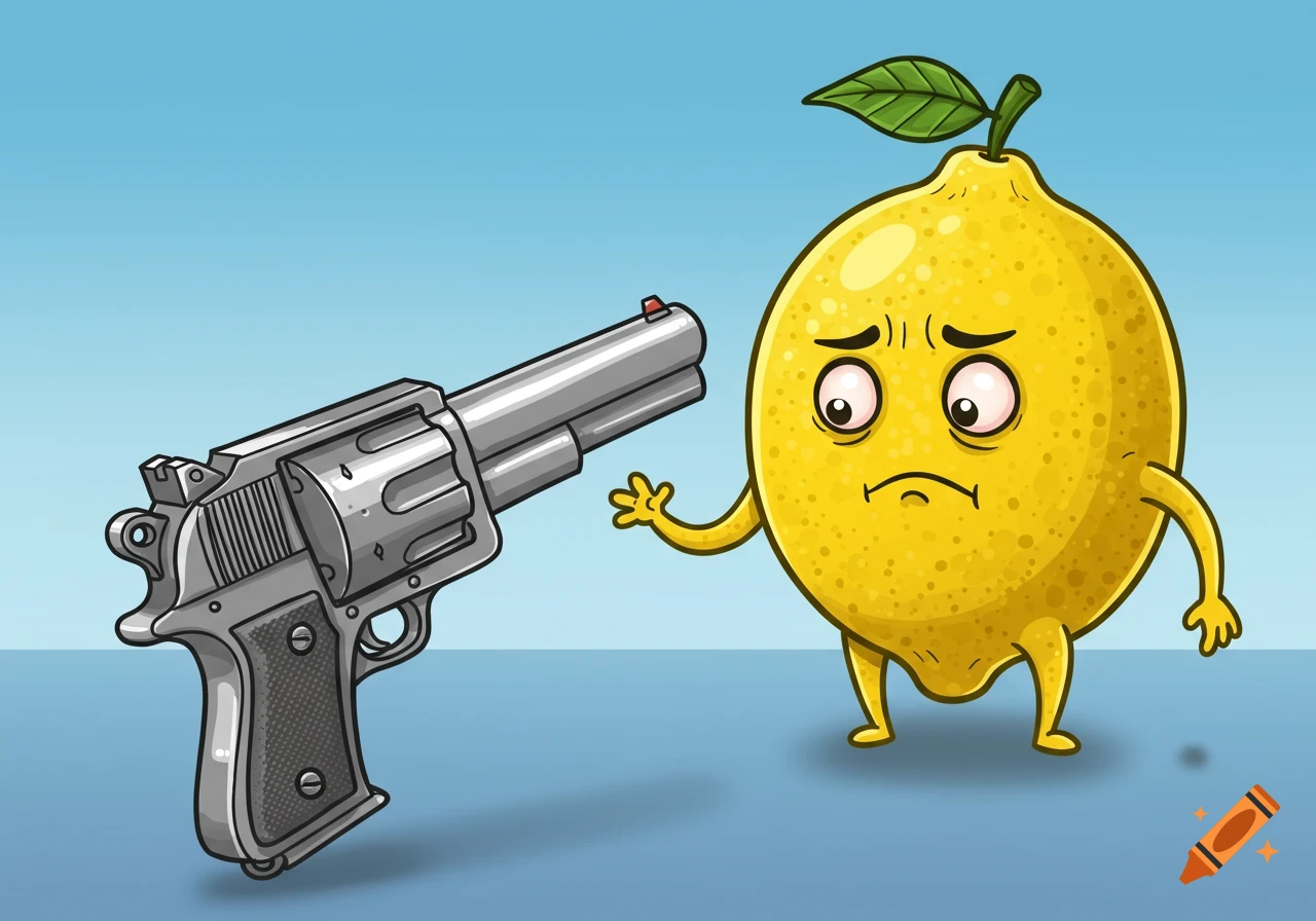 A cartoon lemon character with a worried expression facing the barrel of a silver revolver.