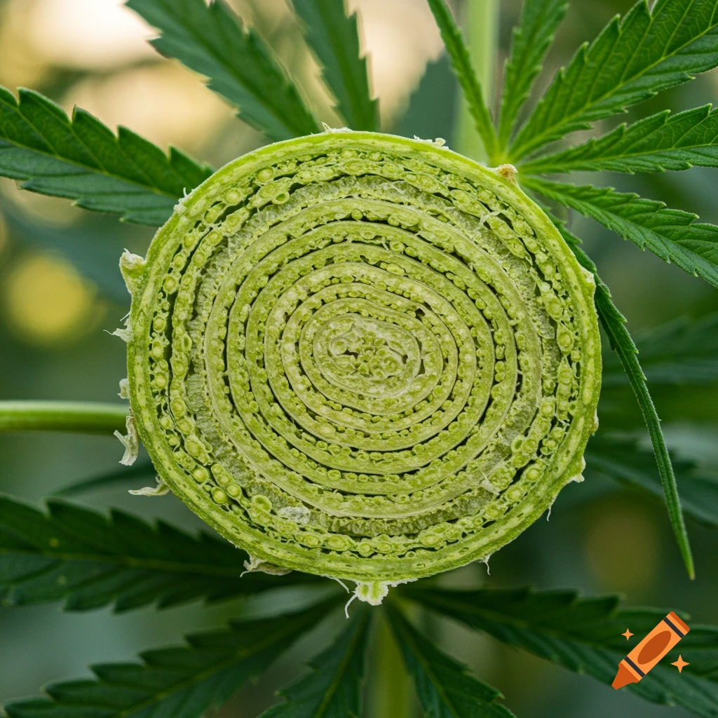 Close-up photorealistic view of a hemp plant stem cross-section, revealing concentric green layers and structures.