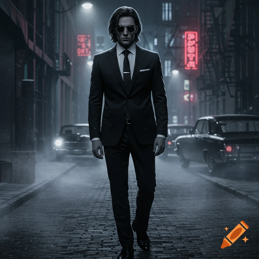 A man in a dark suit and sunglasses walks down a misty, wet city street at night with cars and neon signs in a photorealistic, moody style.