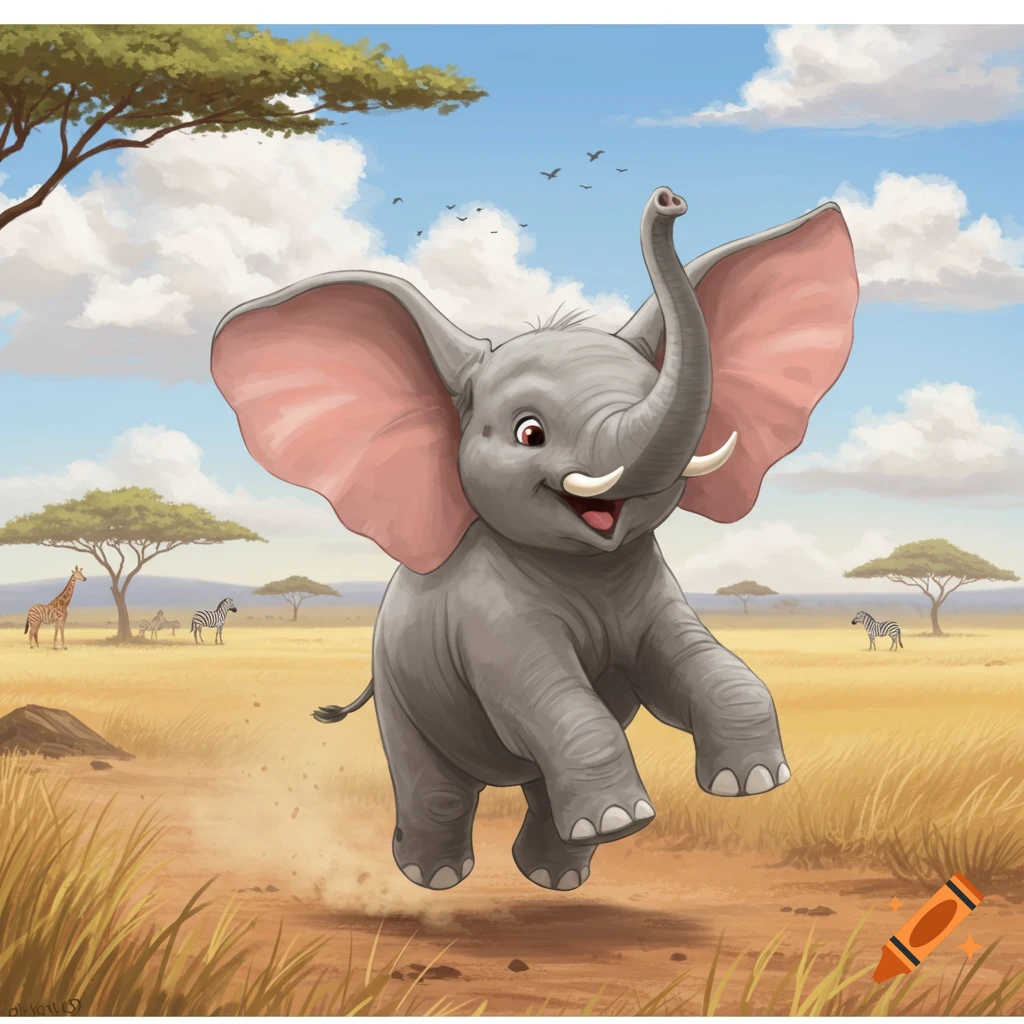 A cute, happy baby elephant with large ears trots through a sunny savanna, with giraffes and zebras in the background.