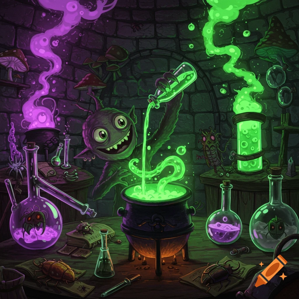 A smiling green monster pours glowing green liquid into a cauldron in a magical laboratory, surrounded by potions and mushrooms.