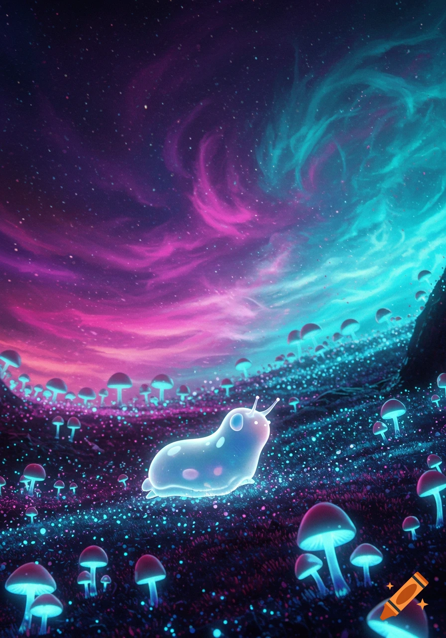 A glowing translucent slug-like creature on a field of glowing mushrooms and bioluminescent dots under a vibrant purple and blue starry sky.