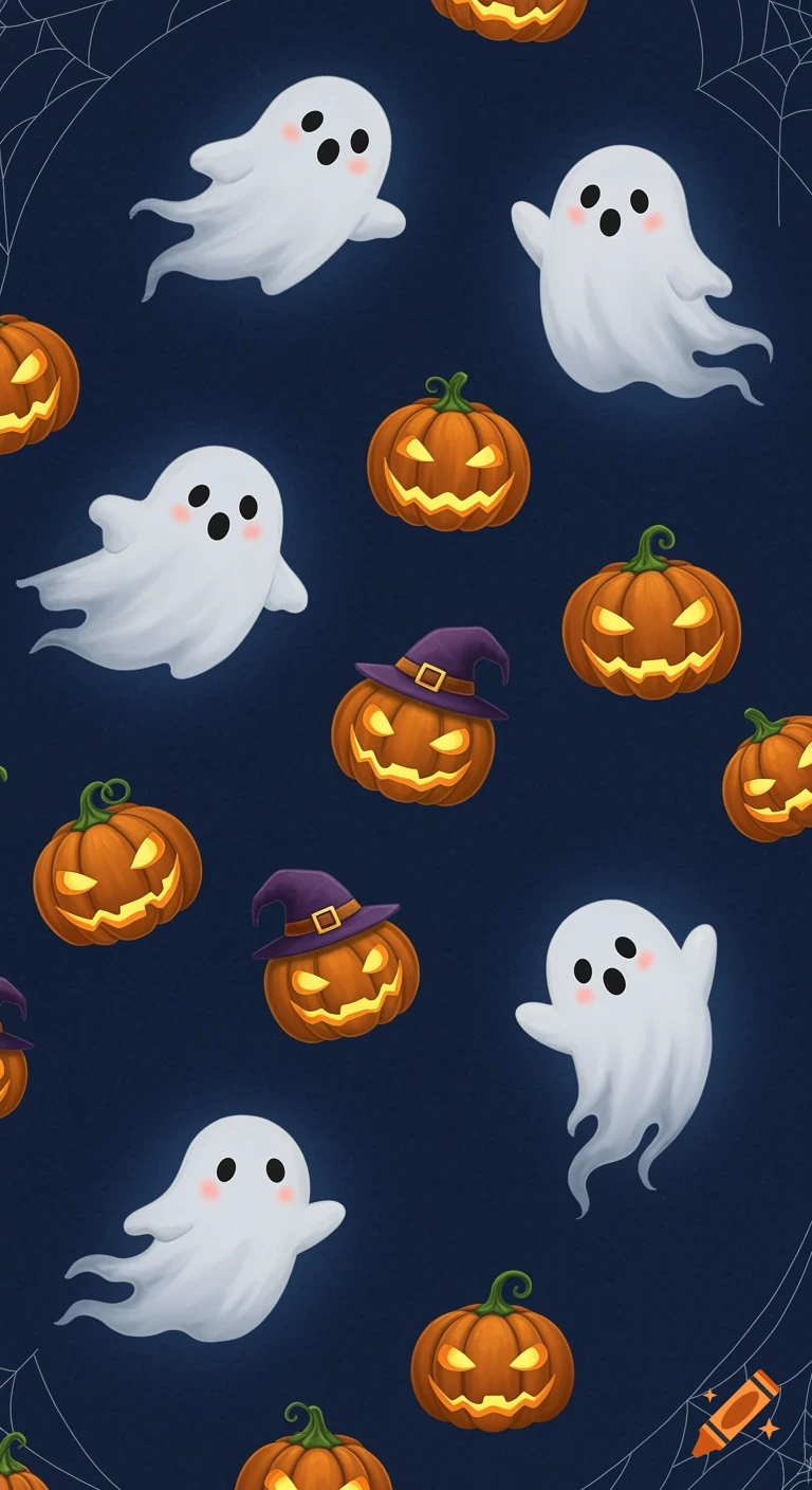 A dark blue seamless Halloween pattern featuring cute white ghosts, glowing jack-o'-lanterns (some with witch hats), and subtle cobwebs.