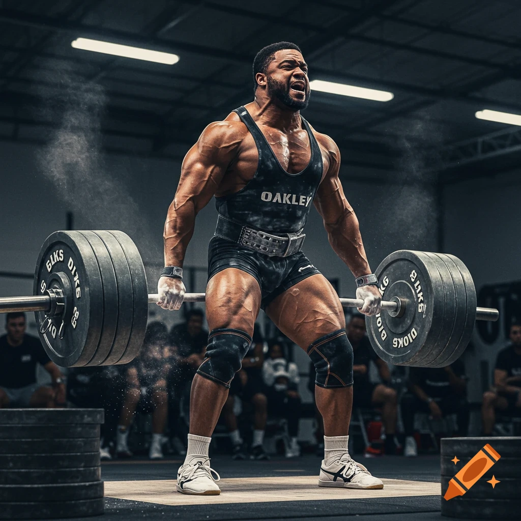 A muscular bodybuilder in an Oakley singlet strains while lifting a heavy barbell during a deadlift in a gym, with chalk dust in the air.