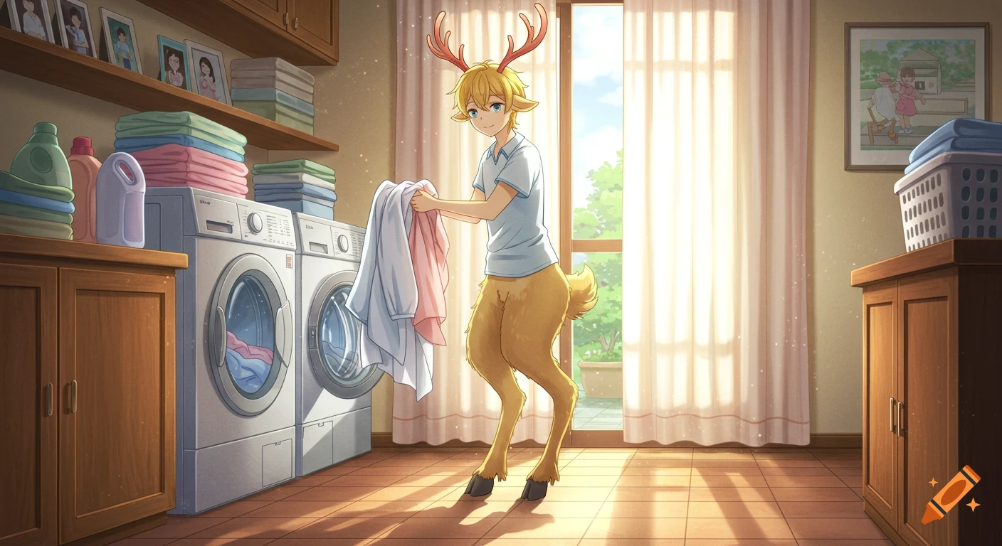 An anime-style blond satyr with antlers and hooves is doing laundry in a sunlit room, holding clothes next to a washing machine.