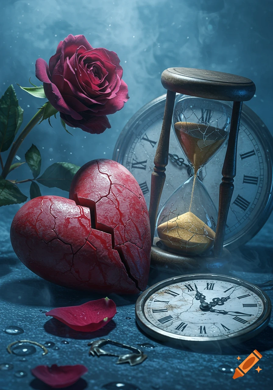 A photorealistic still life featuring a cracked red heart, a red rose, a broken hourglass, and two antique clocks on a dark, misty surface.