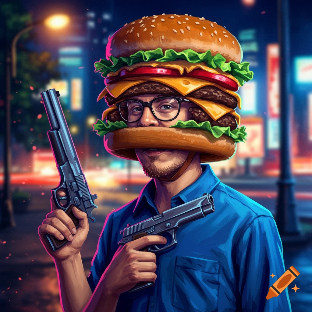 A man with a large burger for a head, wearing a blue shirt and glasses, holding two pistols in a neon-lit city at night.