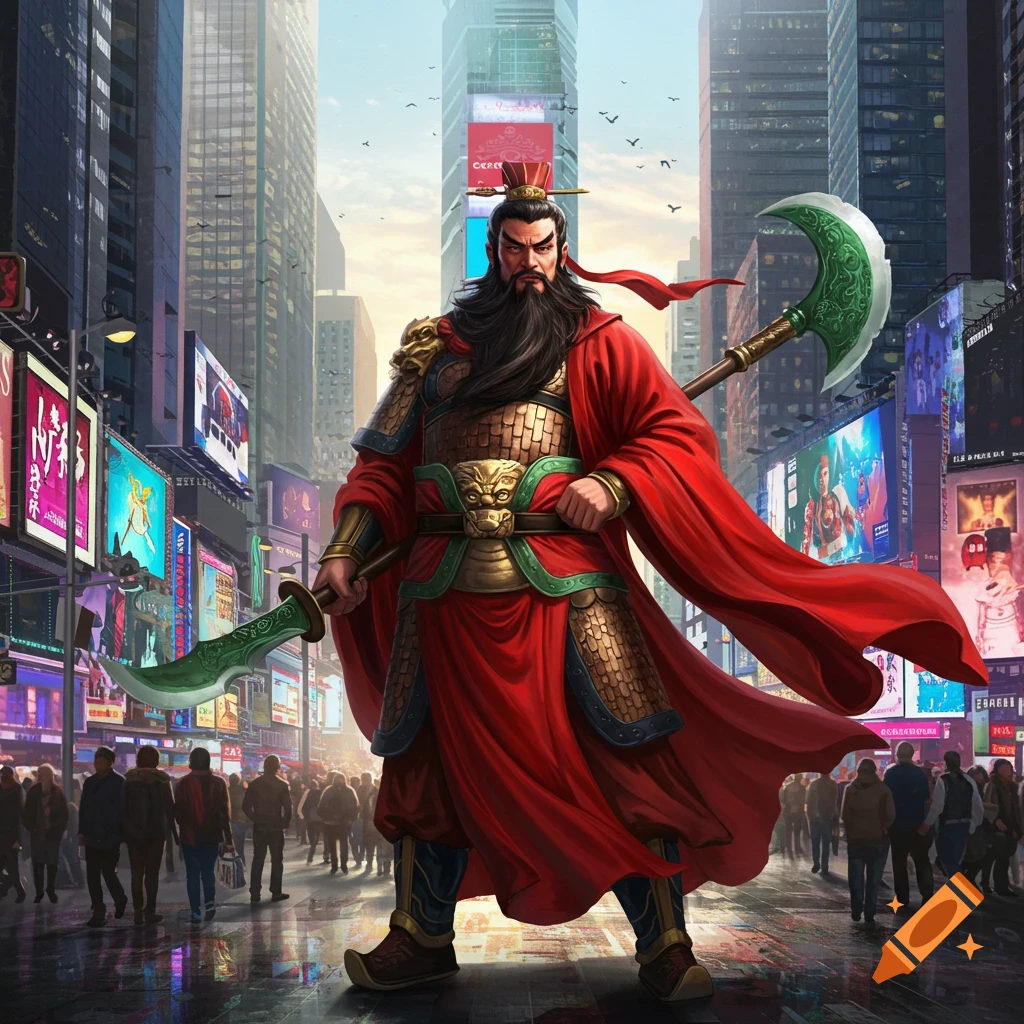 A giant, bearded warrior in ancient Chinese armor and red robes stands in a bustling modern city street with skyscrapers and illuminated billboards.
