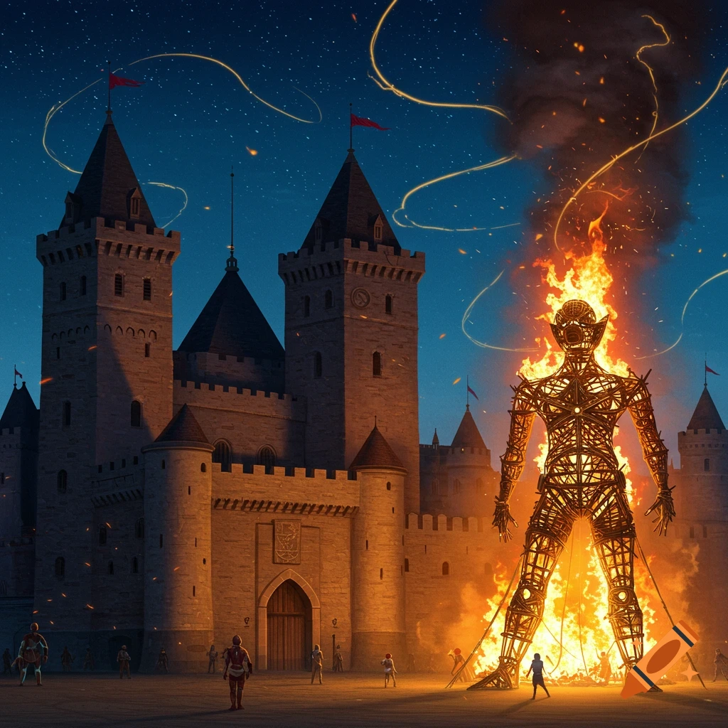 A large, burning effigy of a man stands ablaze in front of a grand castle under a starry night sky.