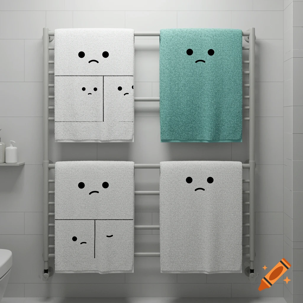 Four towels with sad cartoon faces hang on a white bathroom towel rack, depicting the 'Loss' meme layout.