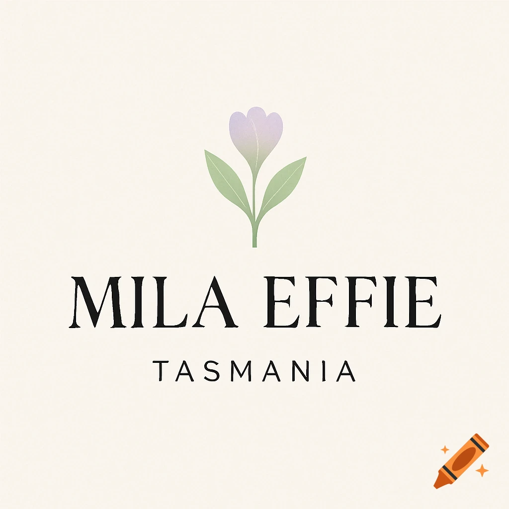 A minimalist logo for Mila Effie Tasmania featuring a purple flower with green leaves above the brand name.