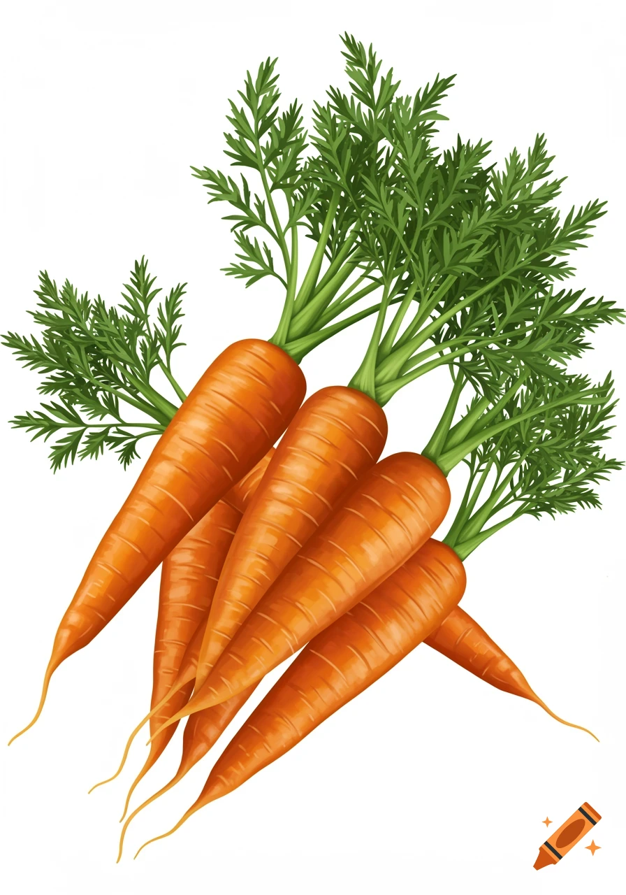 A bunch of realistic orange carrots with green leafy tops, against a white background.